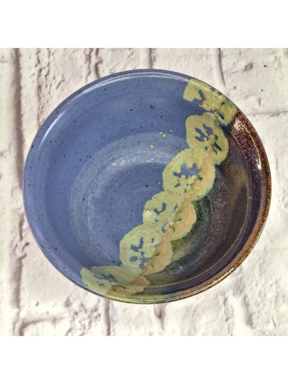 Vintage Pottery Ceramic Bowl Handmade With Blue And Brown Rustic Glaze Signed 7.